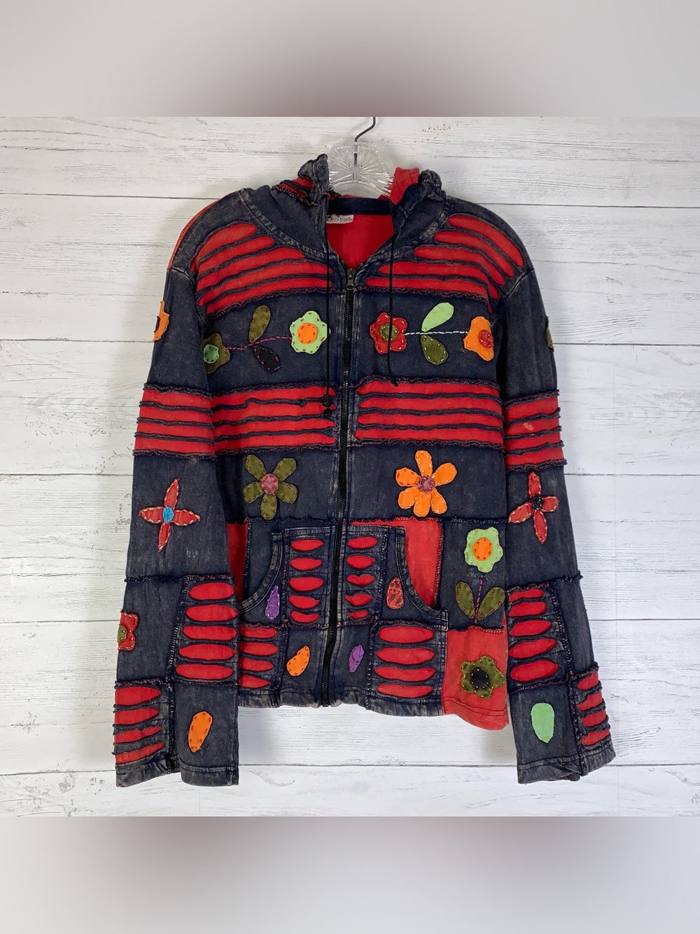 India Boutique Hoodie Jacket Women Size L juniors 3D Boho Patchwork